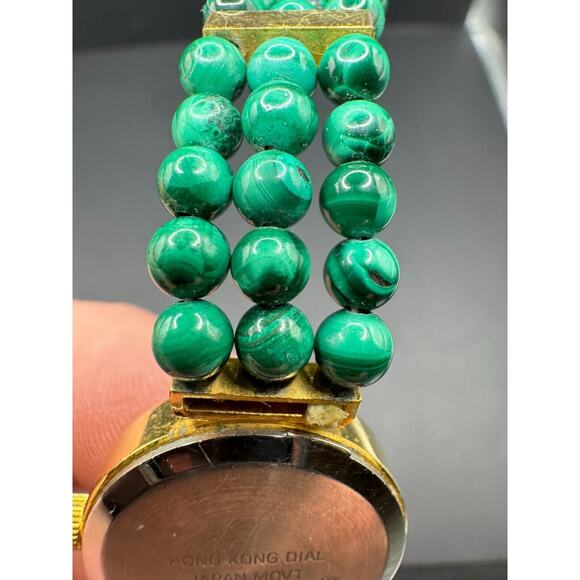 Vintage Art by God Malachite Gemstone Gold Tone Quartz Watch Beaded Band Working
